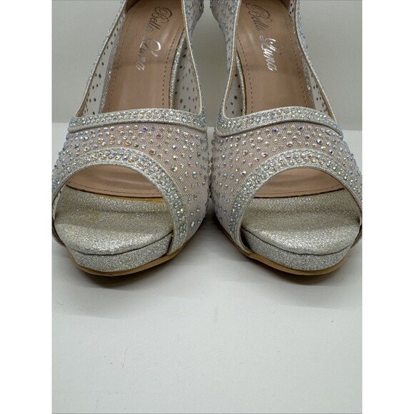 Bella Luna Silver Mesh Jeweled Heel Stiletto narrow Open Toe Shoes Size 7.5 - Picture 5 of 13
